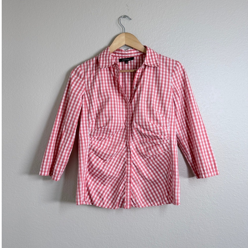 Lafayette 148 NY Pink Gingham Wrinkle Free Button Down Shirt Women Size 4 Small